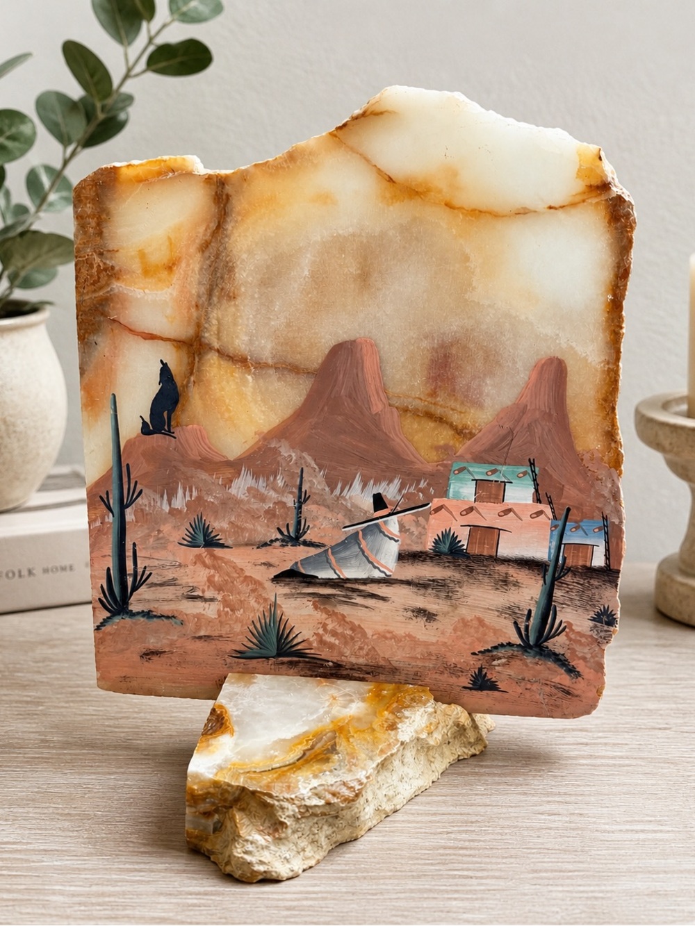 Vintage Hand-Painted marble Southwestern Agate Slab with Desert Scene